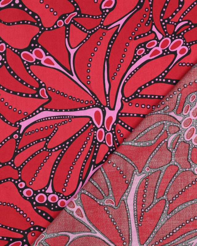 Satin de Coton Grand Motif Foral Couture Rose et Rouge - Mercerine