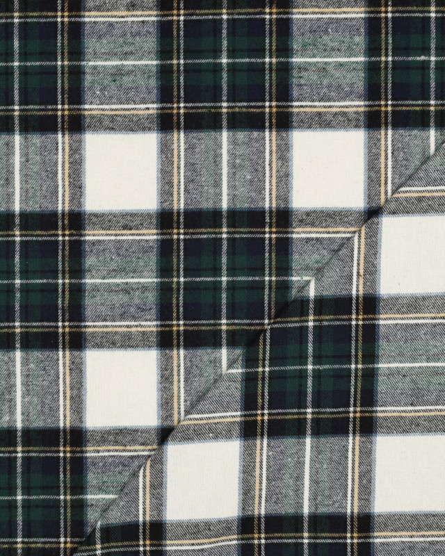 Flanelle Légère Douce Motif Tartan Ecru et Vert - Mercerine
