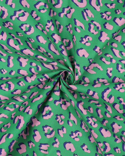 Tissu Déperlant Imprimé Léopard Vert et Rose - Mercerine
