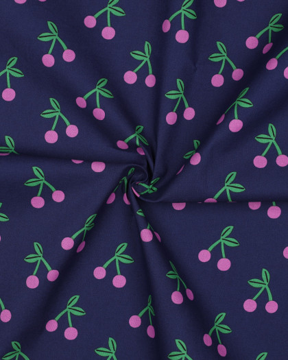 Tissu Déperlant Bleu Marine Imprimé Cerise - Mercerine