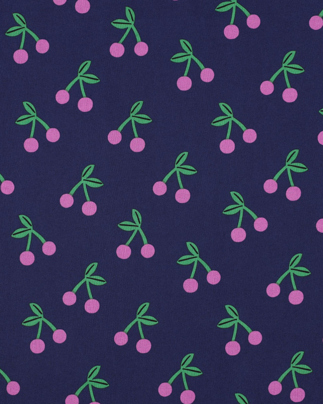 Tissu Déperlant Bleu Marine Imprimé Cerise - Mercerine