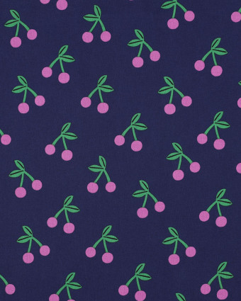 Tissu Déperlant Bleu Marine Imprimé Cerise - Mercerine