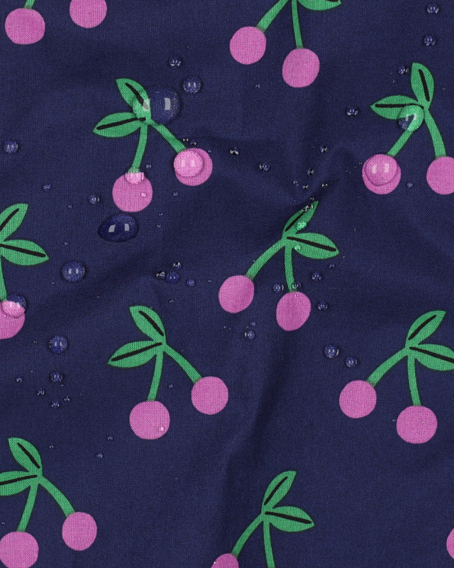 Tissu Déperlant Bleu Marine Imprimé Cerise - Mercerine