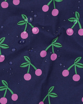 Tissu Déperlant Bleu Marine Imprimé Cerise - Mercerine