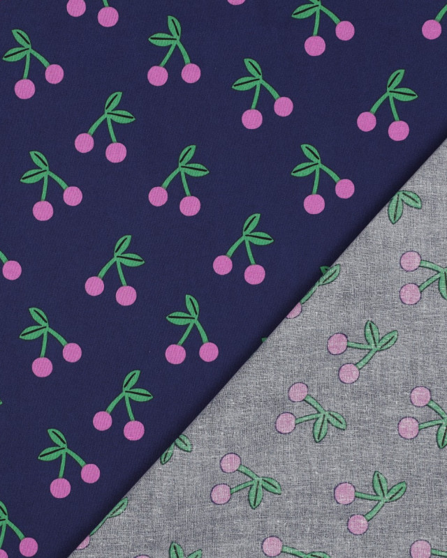 Tissu Déperlant Bleu Marine Imprimé Cerise - Mercerine