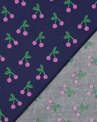 Tissu Déperlant Bleu Marine Imprimé Cerise - Mercerine