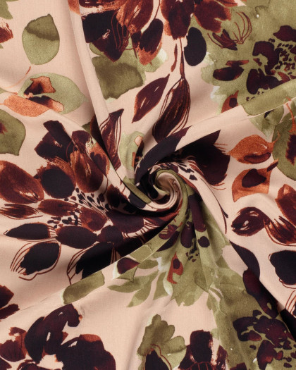 Tissu Satin de Viscose Fond Rose Nude Motif Fleuri - Mercerine
