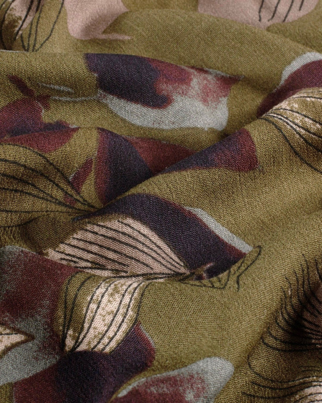 Tissu Viscose Crêpe Kaki Grand Motif Fleuri - Mercerine