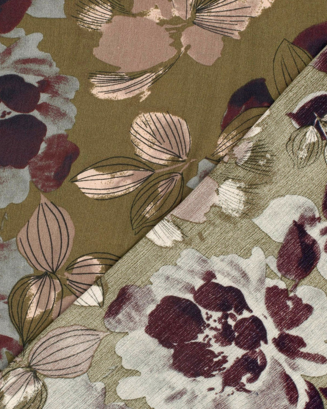 Tissu Viscose Crêpe Kaki Grand Motif Fleuri - Mercerine