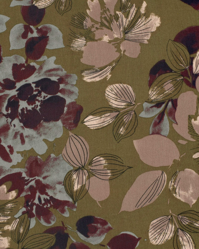 Tissu Viscose Crêpe Kaki Grand Motif Fleuri - Mercerine