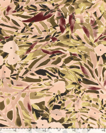 Tissu Viscose Twill Rose Nude Motif  Feuillage Olive - Mercerine
