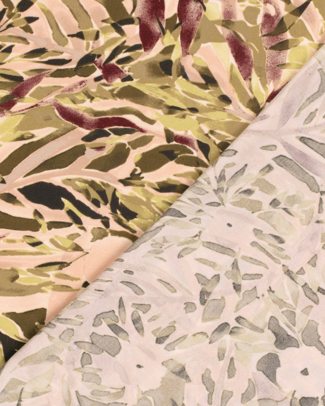 Tissu Viscose Twill Rose Nude Motif  Feuillage Olive - Mercerine