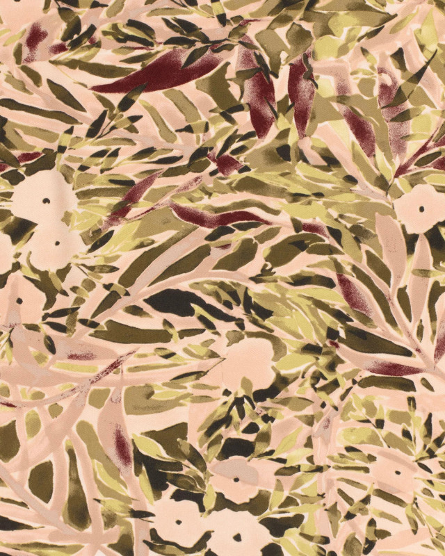 Tissu Viscose Twill Rose Nude Motif  Feuillage Olive - Mercerine
