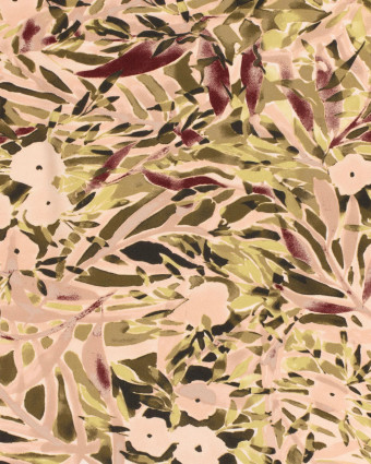 Tissu Viscose Twill Rose Nude Motif  Feuillage Olive - Mercerine