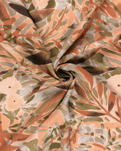 Tissu Viscose Twill Motif Feuillage Terracotta et Olive - Mercerine