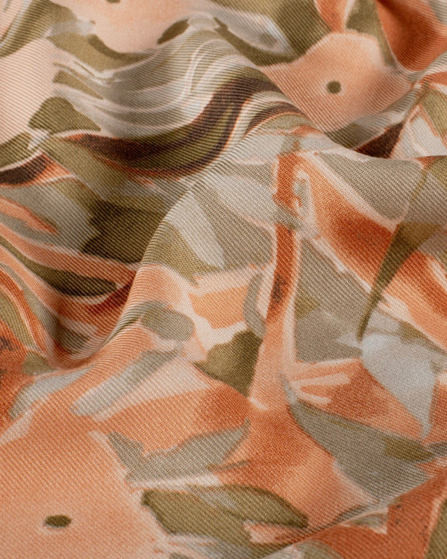 Tissu Viscose Twill Motif Feuillage Terracotta et Olive - Mercerine