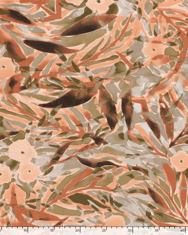 Tissu Viscose Twill Motif Feuillage Terracotta et Olive - Mercerine