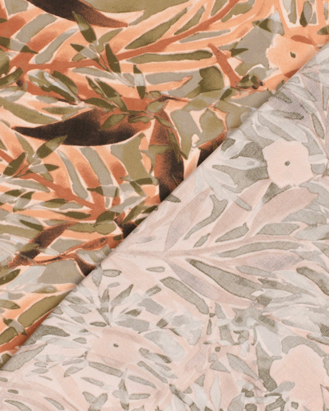 Tissu Viscose Twill Motif Feuillage Terracotta et Olive - Mercerine