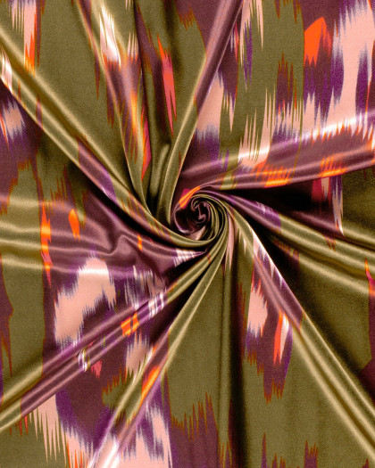 Tissu Satin Vert Kaki Motif Abstrait Violet - Mercerine