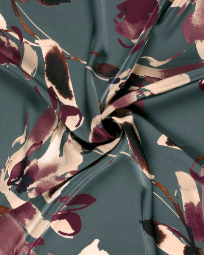 Tissu Satin Duchesse Bleu Gris Motif Floral Aubergine  - Mercerine