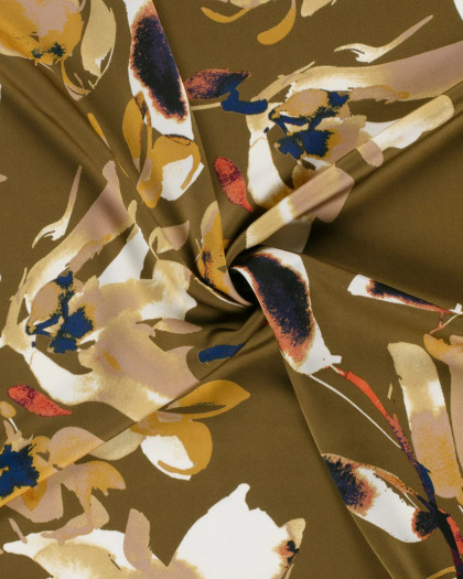 Tissu Satin Duchesse Kaki Motif Floral - Mercerine