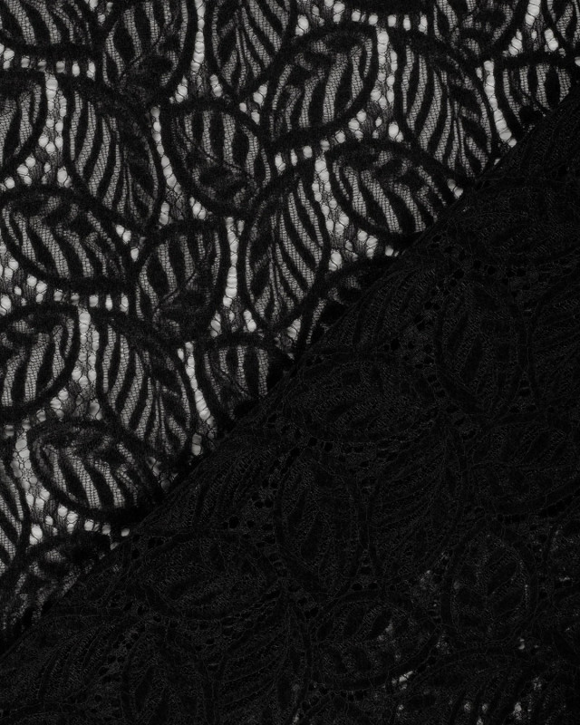 Tissu Dentelle Toucher Velours Feuillage Noir - Mercerine