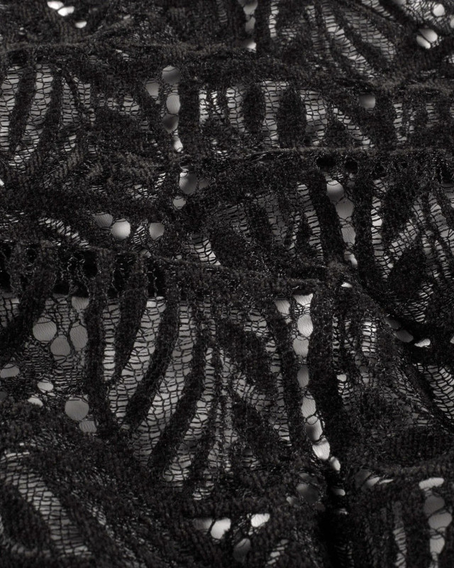 Tissu Dentelle Toucher Velours Feuillage Noir - Mercerine