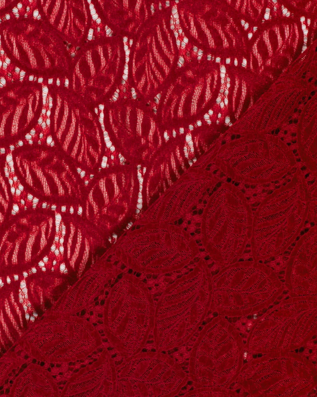 Tissu Dentelle Toucher Velours Feuilage Rouge - Mercerine