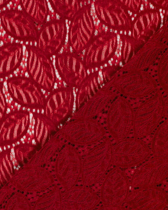 Tissu Dentelle Toucher Velours Feuilage Rouge - Mercerine