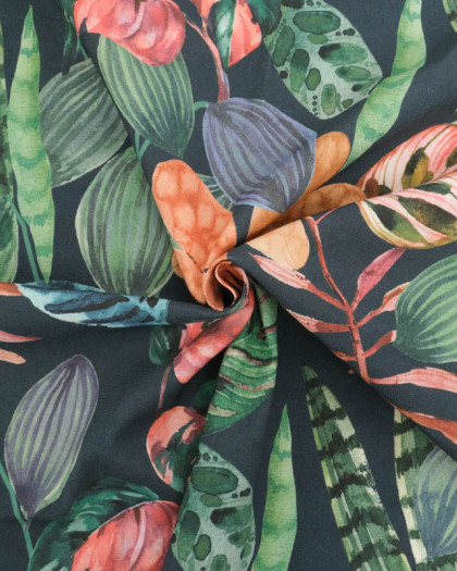 Tissu Bachette de Coton Bleu Nuit Motif Tropical - Mercerine