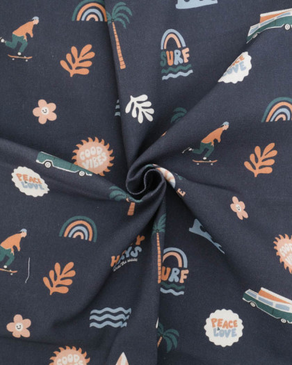 Tissu Bachette de Coton Bleu Marie Motif Surf - Mercerine