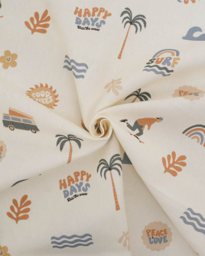 Tissu Bachette de Coton Ecru Motif Surf - Mercerine