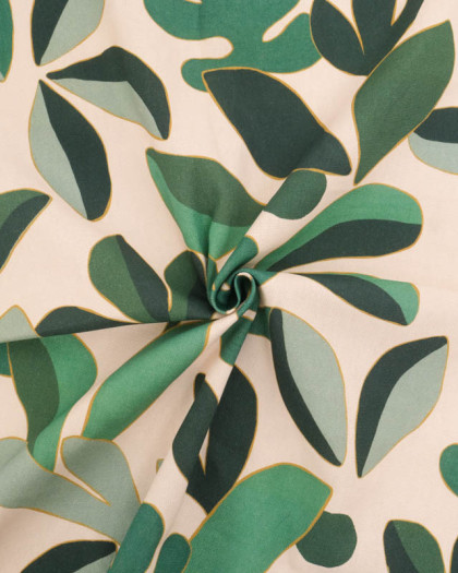 Tissu Bachette de Coton Feuillage Vert Fond Beige Clair - Mercerine