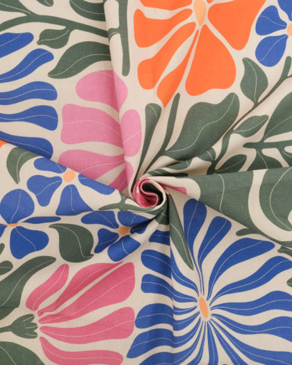 Tissu Bachette de Coton Motif Fleuri Seventies Rose et Bleu - Mercerine