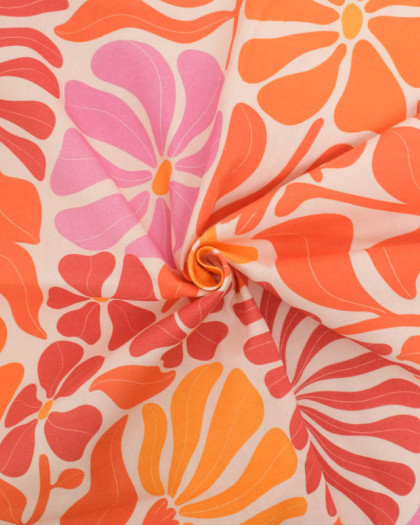 Tissu Bachette de Coton Motif Fleuri Seventies Rose Orange - Mercerine