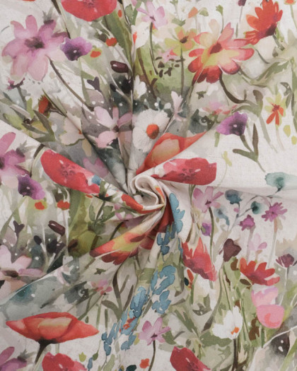 Tissu Bachette de Coton Motif Fleuri Printanier Fond Naturel - Mercerine