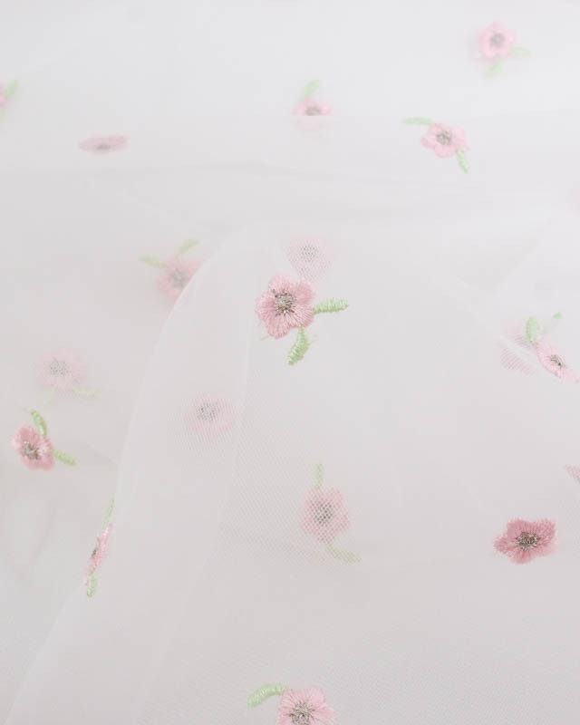 Tulle Brodé Petites Fleurs Baby Rose - Mercerine