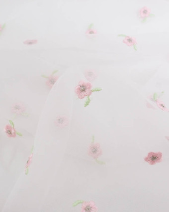 Tulle Brodé Petites Fleurs Baby Rose - Mercerine