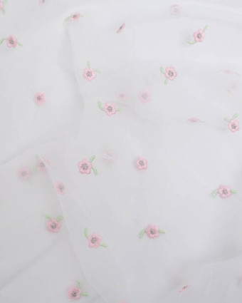 Tulle Brodé Petites Fleurs Baby Rose - Mercerine