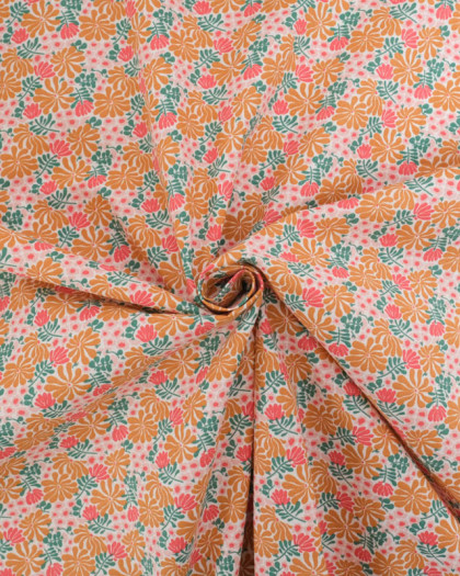 Tissu Coton Motif Fleuri Rose et Caramel - Mercerine