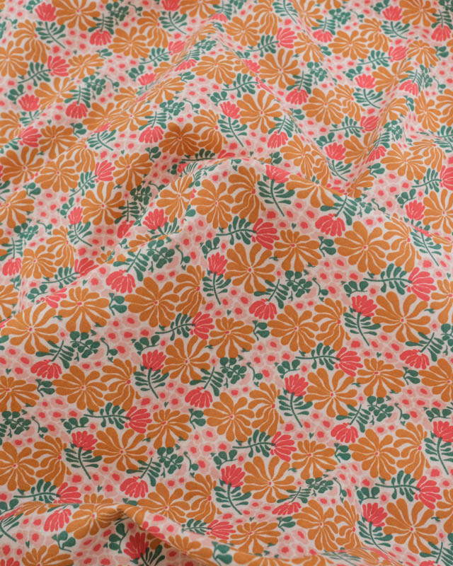 Tissu Coton Motif Fleuri Rose et Caramel - Mercerine