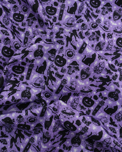 Tissu Halloween Coton Violet Sorcières et Chats Noirs  - Mercerine