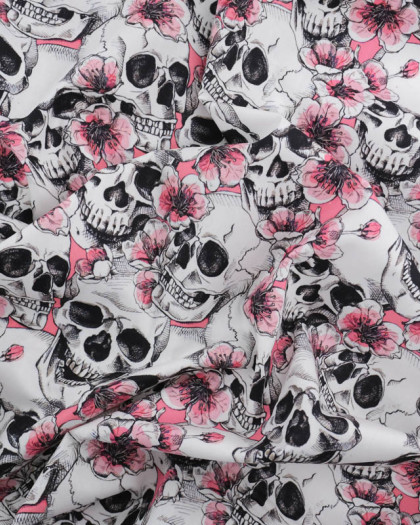 Tissu Coton Halloween Têtes de Mort et Fleurs Roses - Mercerine