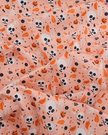 Tissu Coton Halloween Rose Têtes de Mort et Citrouilles - Mercerine