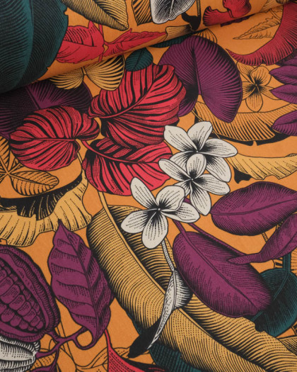 Tissu Bachette De Coton Safran Feuillage Tropical  - Mercerine