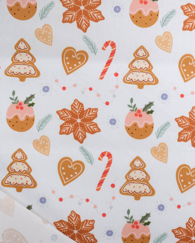 Tissu Noël Coton Blanc Biscuits à la Cannelle - Mercerine