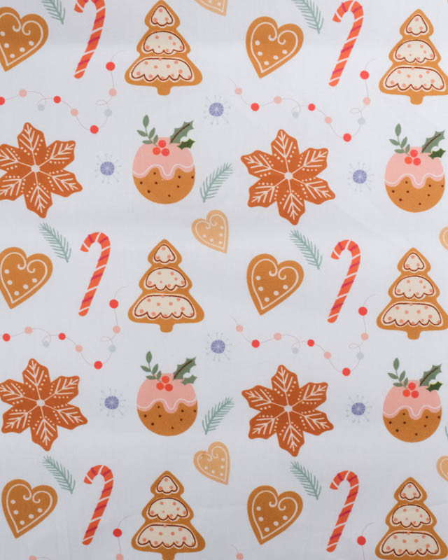 Tissu Noël Coton Blanc Biscuits à la Cannelle - Mercerine