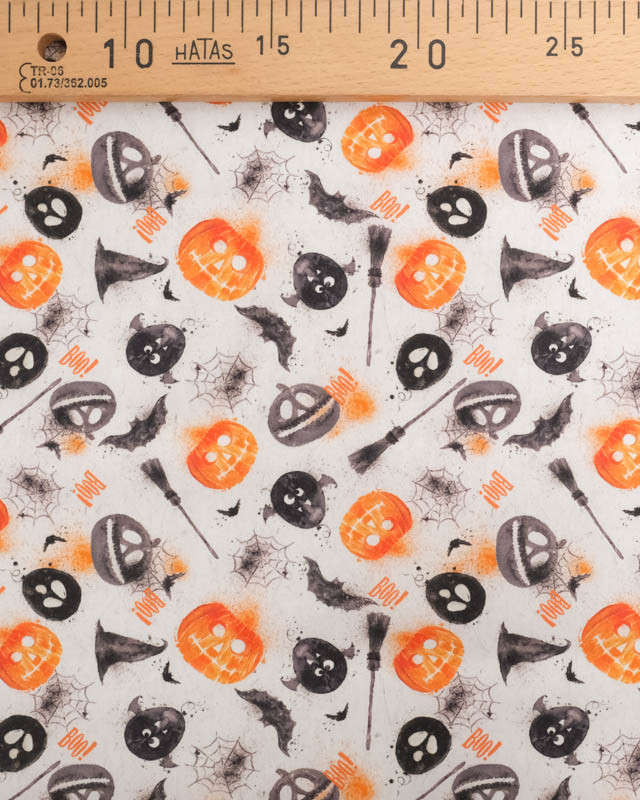 Tissu Coton Halloween Blanc Citrouilles et Chauve-Souris - Mercerine