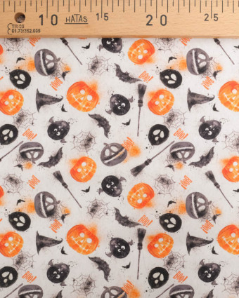 Tissu Coton Halloween Blanc Citrouilles et Chauve-Souris - Mercerine