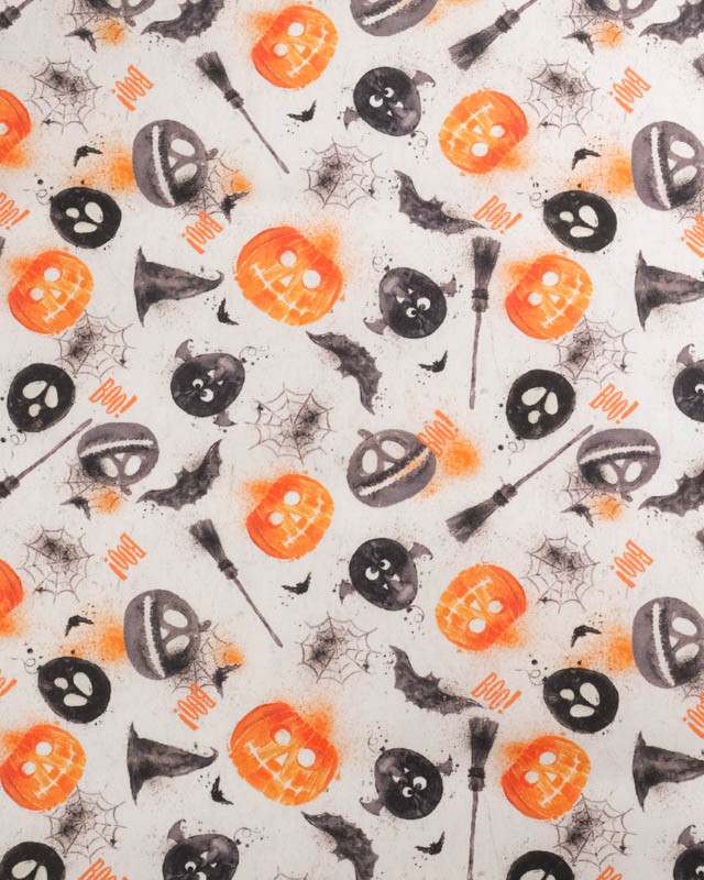 Tissu Coton Halloween Blanc Citrouilles et Chauve-Souris - Mercerine